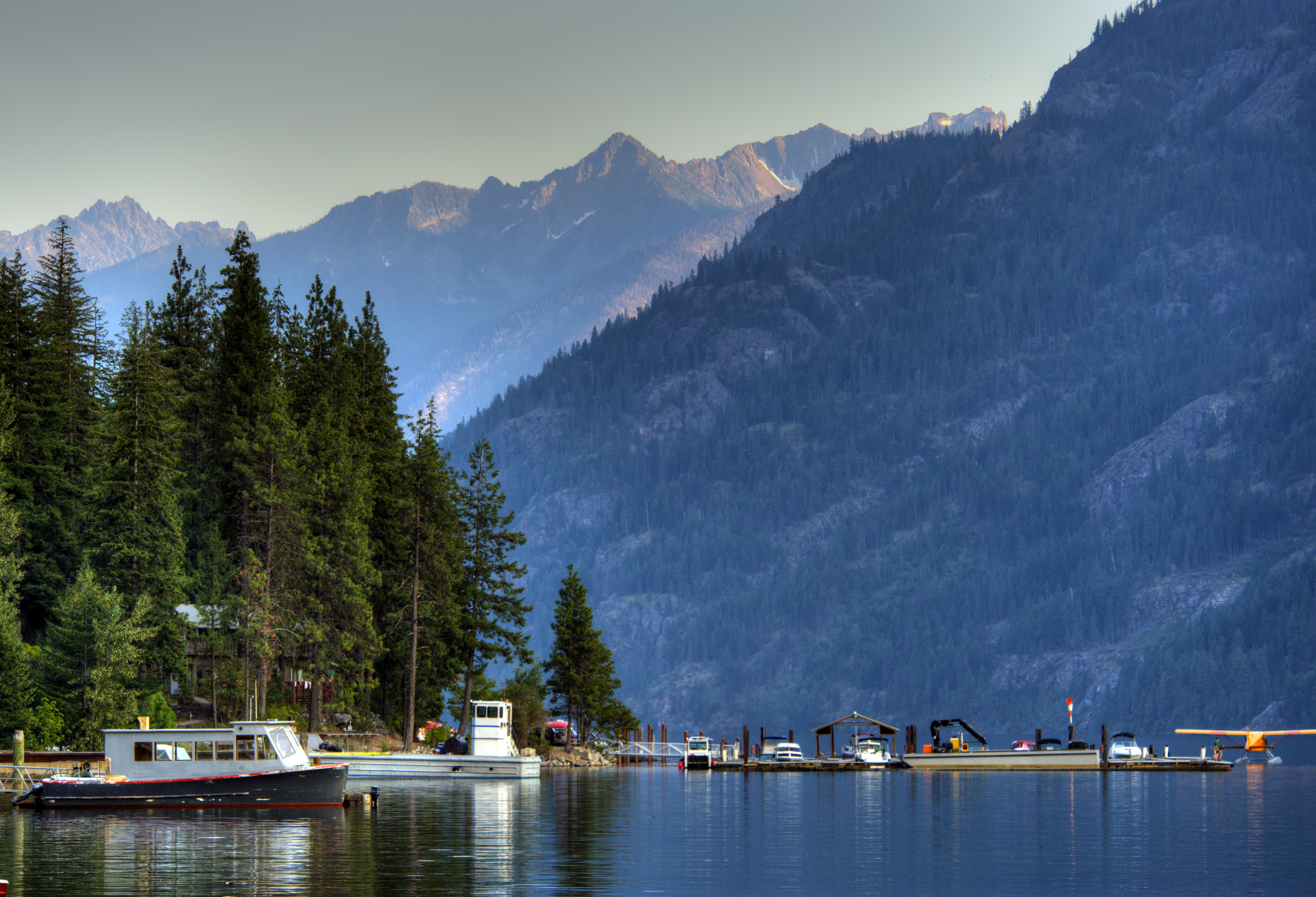 Jagged glaciated peaks above turquoise Diablo Lake in North Cascades National Park