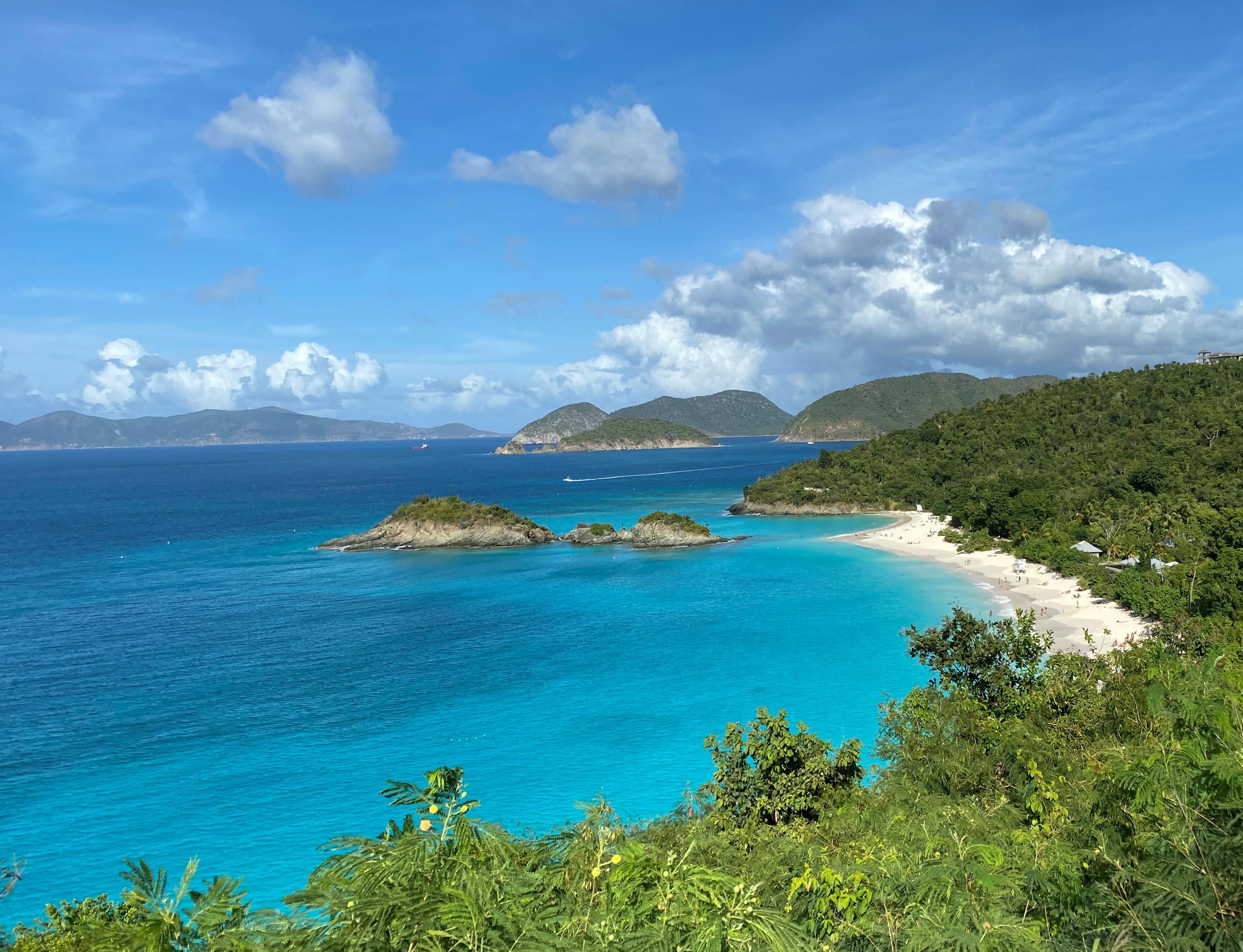Turquoise bay and green hillsides in Virgin Islands National Park on St. John