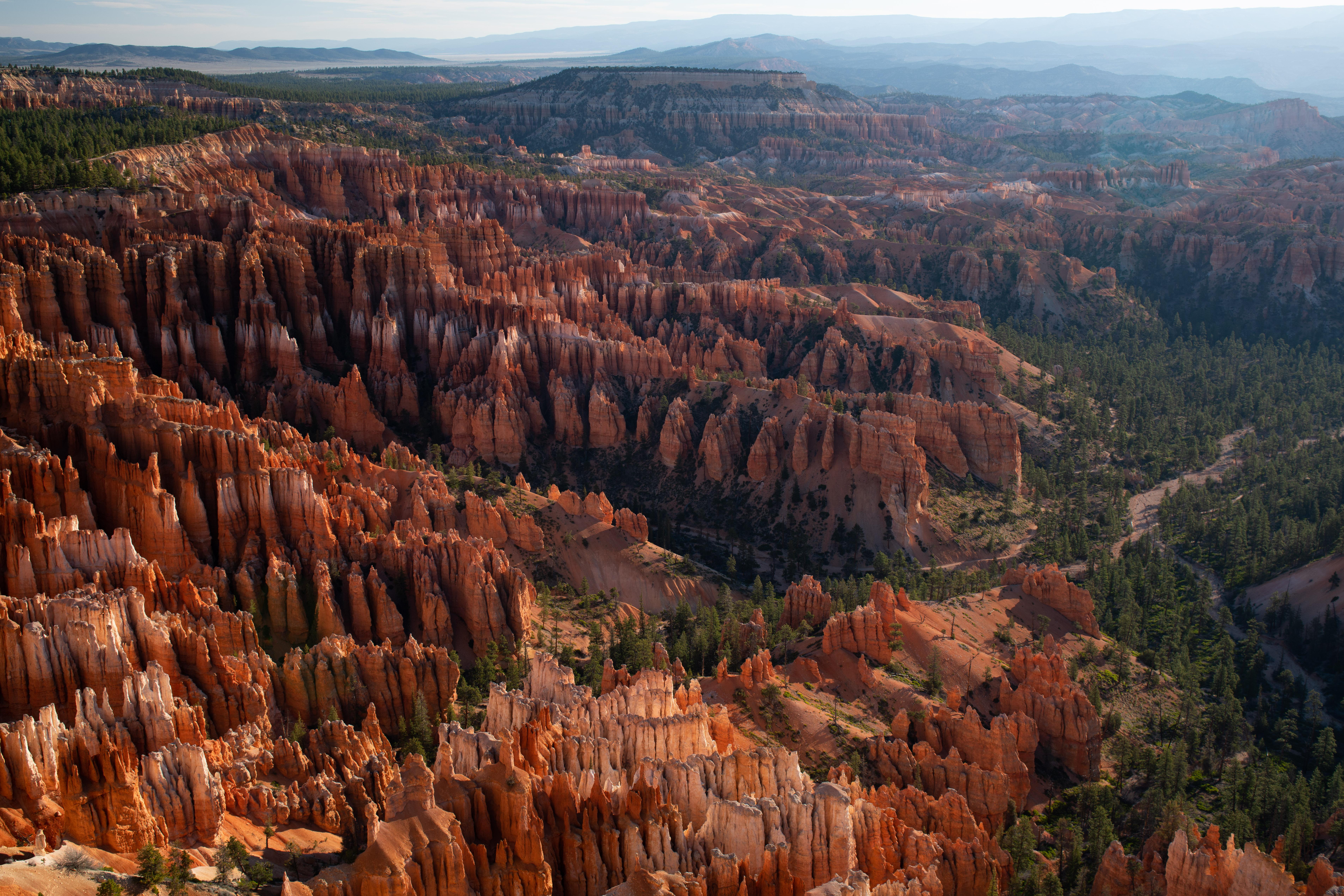 Snow-dusted orange hoodoos in Bryce Amphitheater at sunrise, Bryce Canyon National Park, Utah